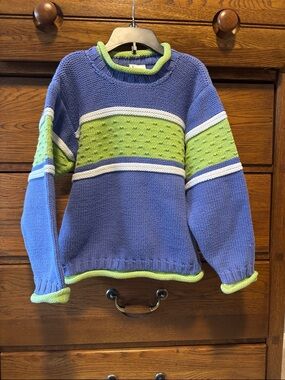 Hanna Andersson Blue Sweater with Lime Accent Stripes Youth Size 130/Size 8